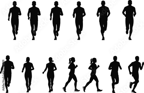 Running men and women silhouettes collection, jogging athletes isolated vector set on white background