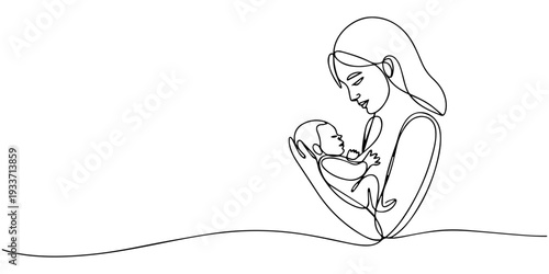 One line, single continuous drawing of mother tenderly holding her baby minimal illustration
