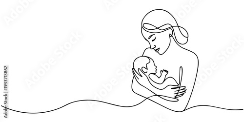 One line, single continuous drawing of mother tenderly holding her baby minimal illustration