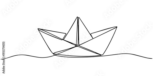 Minimalist paper boat design in continuous one line drawing isolate outline vector illustration