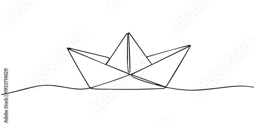 Minimalist paper boat design in continuous one line drawing isolate outline vector illustration
