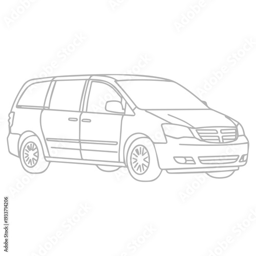 Detailed line art illustration of a spacious family minivan, perfect for road trips and group travel, emphasizing practical and versatile automotive design for various uses