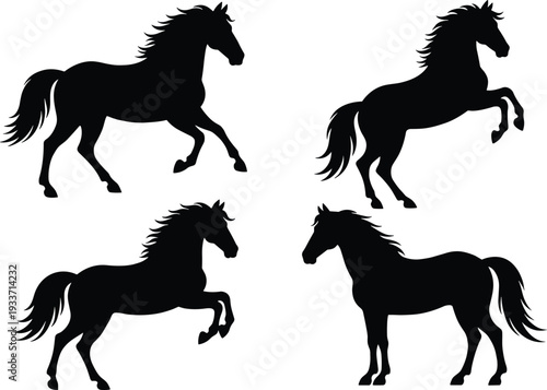 Horse silhouette illustration set, equine artwork design, animal motion vector, trotting rearing standing graphic icon, black white nature symbol