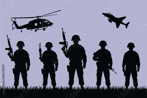Military soldier silhouette illustration set, armed forces artwork, defense vector design, aircraft graphic icon, black purple war security symbol