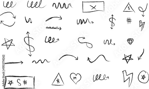 Hand-drawn symbols and doodles illustrating various shapes and icons in a minimalist style