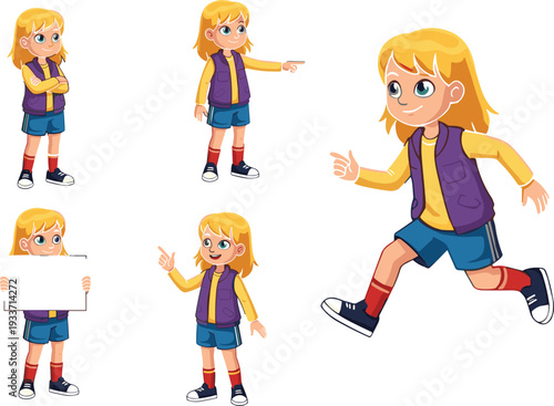 Cartoon blonde girl character set, multiple poses including running, pointing, holding blank sign, standing, vector illustration for children educational projects.