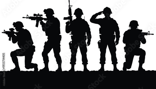 Soldier silhouette illustration set, military action artwork, armed forces vector design, defense graphic icon, black white ceremonial symbol