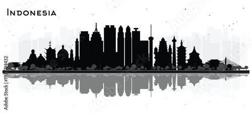 Indonesia Cities Skyline Silhouette with Black Buildings Isolated on White. Illustration. Tourism Concept with Historic Architecture. Indonesia Cityscape with Landmarks. Jakarta. Surabaya. Bekasi. 