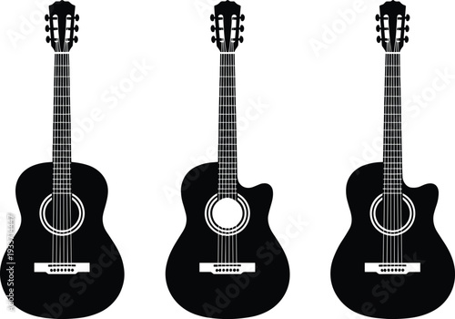 Acoustic guitar silhouette illustration set, musical instrument artwork, string design vector, sound hole graphic icon, black white music symbol
