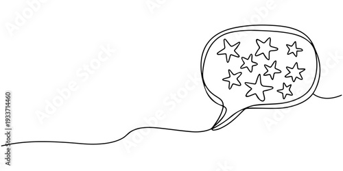 Speech bubbles in star shapes drawn by continuous line with place for text. Vector illustration, Chat speech bubble gold five stars score of customer review rating continuous one line drawing, minimal