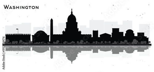 Washington DC USA City Skyline Silhouette with Black Buildings Isolated on White. Illustration. Travel and Tourism Concept with Historic architecture. Washington DC Cityscape with Landmarks.