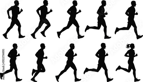Running men and women silhouettes sequence, jogging athletes isolated vector set on white background