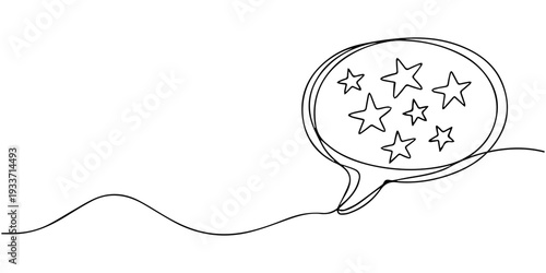 Speech bubbles in star shapes drawn by continuous line with place for text. Vector illustration, Chat speech bubble gold five stars score of customer review rating continuous one line drawing, minimal