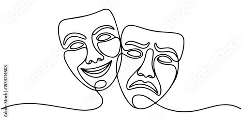 Theater humor smile mask one line continuous line art.
Comedy and Tragedy Theater Masks One Line Drawing.