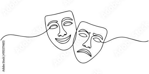 Theater humor smile mask one line continuous line art.
Comedy and Tragedy Theater Masks One Line Drawing.