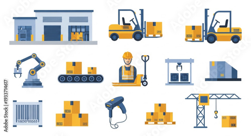 Warehouse Equipment and Machinery Icons.