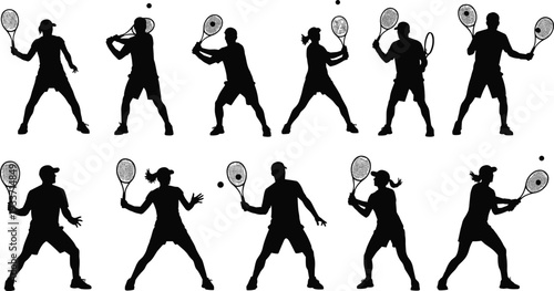 Tennis players silhouettes collection, men and women with rackets isolated vector set