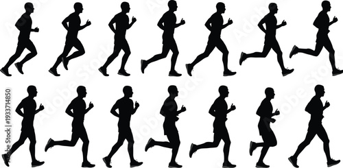 Running men silhouettes sequence set, male athlete jogging isolated vector collection on white background