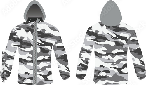 Camouflage hooded jacket design featuring an urban black, white, and gray pattern