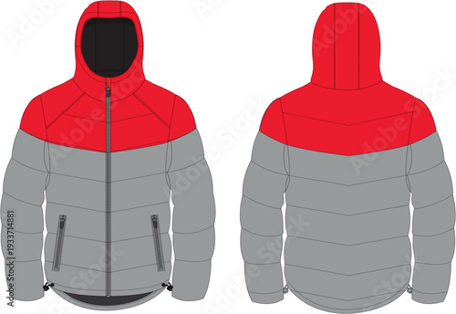 A front and back view of a puffer jacket with a red hood and upper section, transitioning to a gray body and sleeves