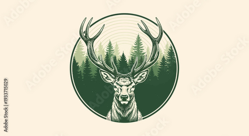 Majestic Stag Head with Antlers in Forest Emblem.