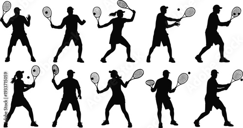 Tennis players silhouettes set, men and women with rackets isolated vector collection