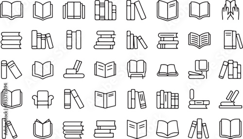 Collection of minimalist book icons featuring open and closed volumes stacked or shelved