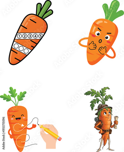 Educational carrot mascot with numbers and adventure explorer character design vector bundle