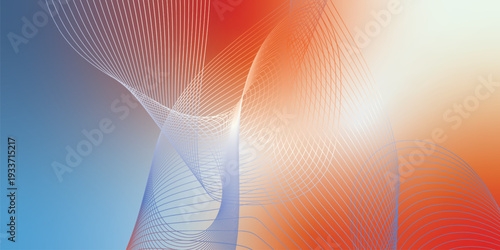 Abstract orange, azure, and white gradient backdrop with floating light particles and smooth curves, modern tech concept, vector style