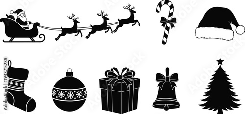 Christmas holiday silhouette icon set, Santa sleigh reindeer candy cane tree gift box stocking bell festive decoration collection