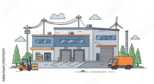 Warehouse Building with Trucks and Equipment.