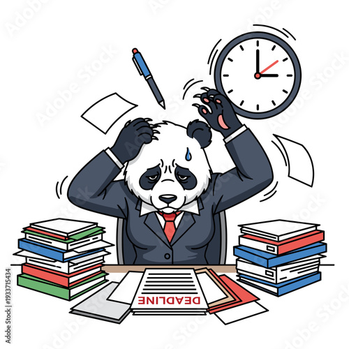 Stressed Panda Cartoon Character at Desk.