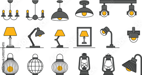 Modern lighting fixtures collection with pendant lamps, desk lights, wall sconces and lantern designs isolated vector illustration set