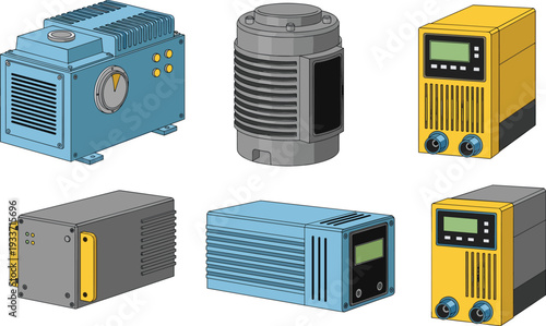 Industrial laboratory equipment set with vacuum pumps power supply units and scientific machines flat vector illustration icons isolated on white background for technology