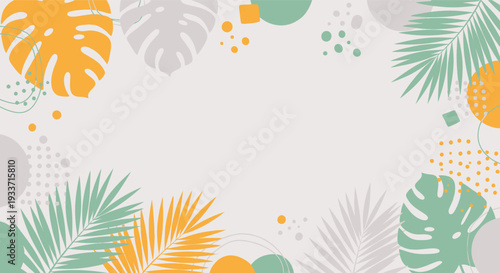 Tropical summer background with palm leaves and abstract shapes, perfect for invitations, posters, and decor