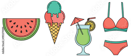 Summer vacation icons watermelon, ice cream, cocktail, and bikini on white background