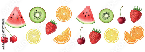 A vibrant collection of fresh, juicy fruits, including watermelon, kiwi, oranges, strawberries, and cherries, perfect for summer themes and healthy eating designs