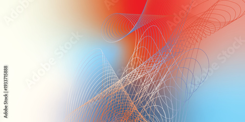 Abstract orange, azure, and white gradient backdrop with floating light particles and smooth curves, modern tech concept, vector style