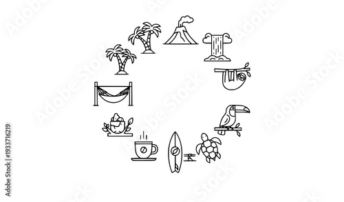 Circular Costa Rica Travel Minimalist Outline Icon Collection Thin Line Vector on White Background