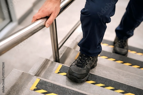 Worker using handrail on stairs with hazard edge markings, safety