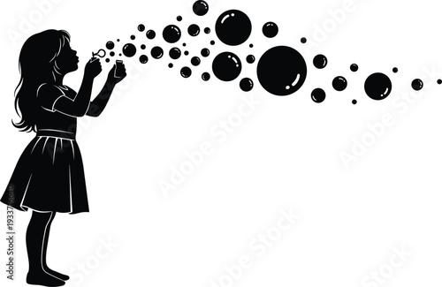 Black silhouette of a little girl blowing soap bubbles isolated on white background, childhood concept of play, fun, and joy for creative designs.
