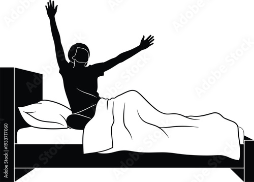 Woman waking up stretching in bed silhouette, morning routine lifestyle bedroom vector illustration
