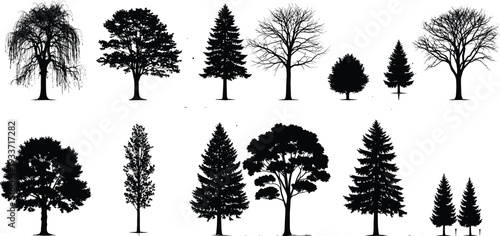 Collection of black tree silhouettes including pine, oak, spruce and deciduous varieties isolated on white background for forest landscape design and architectural visualization.