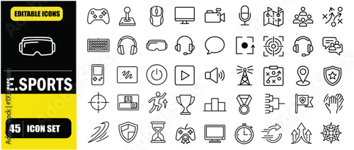 E-Sports Outline Icon Set, Online Gaming Tournament, Competitive Gaming, Game Controller, Streaming, Team Championship, Linear Editable Stroke Vector Illustration