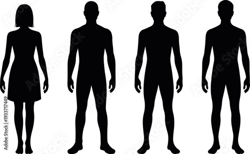 diverse people silhouette front view lineup set, men and woman standing black figure icons, human character full body vector collection
