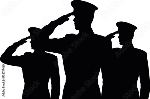 military salute silhouette soldier tribute set, army officer saluting black figure vector, patriotism respect standing uniform icons