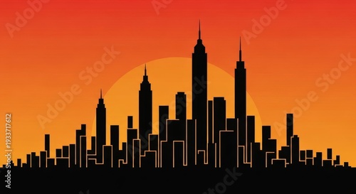 City Skyline Silhouette Against Orange Sunset.
