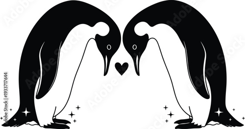 Penguin couple silhouette set with heart for winter love romantic valentine day animal wildlife conservation Antarctic nature and polar decor