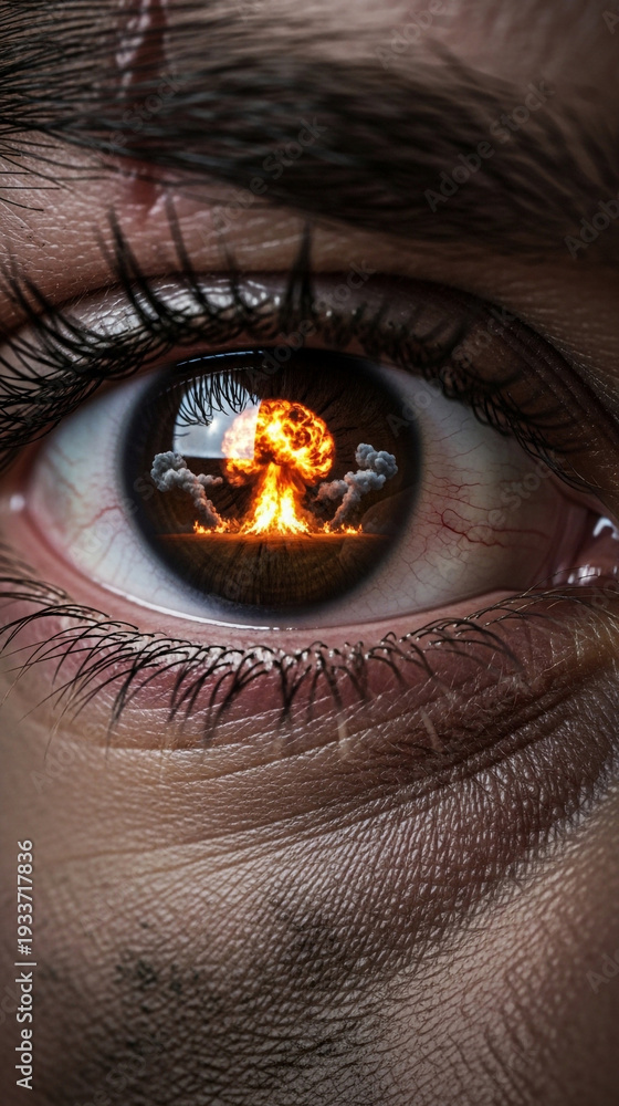 Naklejka premium Eye reflecting a nuclear explosion symbolizing destruction and fear