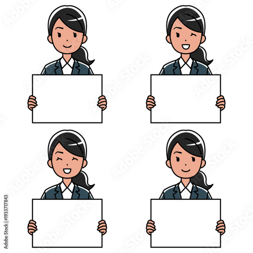 フリップを持つスーツの東南アジア系女性のイラスト